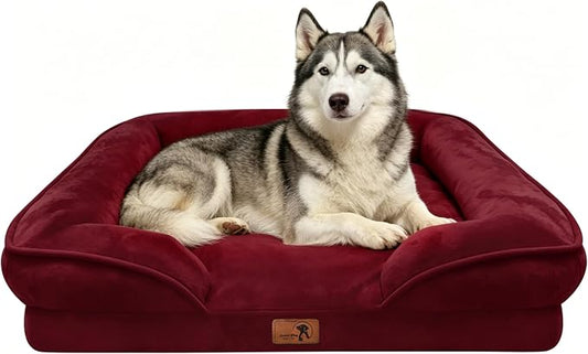 Spotted Play Orthopedic Dog Bed with Sides - Sofa Beds for Large Dogs, Supportive Foam Pet Couch Bed with Washable Removable Cover, Waterproof Lining and Non-Slip Bottom, Burgundy - L-Plus