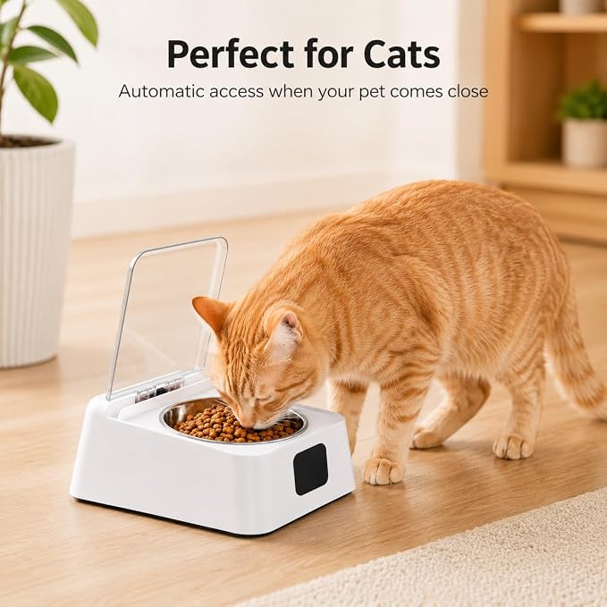 Open Lid Pet Feeder, Automatic Cat Feeder with Infrared Sensor Cover, Removable Bowl Battery Powered Intelligent Automatic Opening Lid Dog Feeder, Pet Food Dispenser for Cats and Dogs