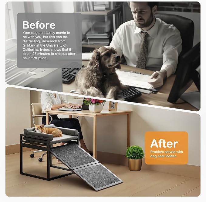 Non Slip Dog Ramp with Seat Extra Wide Seat Doggie Mate Stairs Grey | Metal Frame Puppy Chair for High Bed Couch Office,Dachshunds Ladder,Washable Cushion Pet Step for Small Old Pets,Cat Ladder