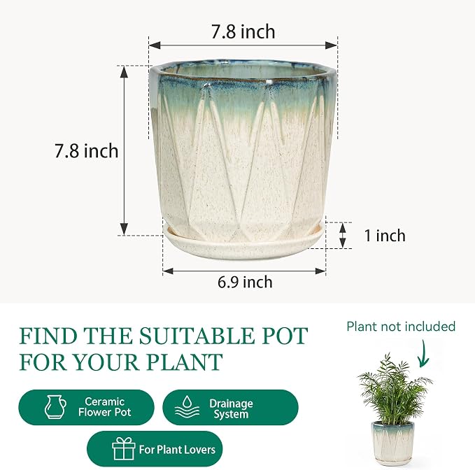 7.8 Inch Ceramic Plant Pot with Drainage Hole Mesh Net, Large Flower Pots for Indoor Plants with Saucer, Gardening Pots Outdoor (Blue Mouth Linen)
