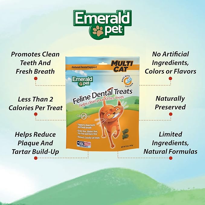 Emerald Pet Feline Dental Treats — Tasty and Crunchy Cat Treats Grain Free — Natural Dental to Clean Teeth, Freshen Breath, and Reduce Plaque and Tartar Buildup — Chicken, 32 oz
