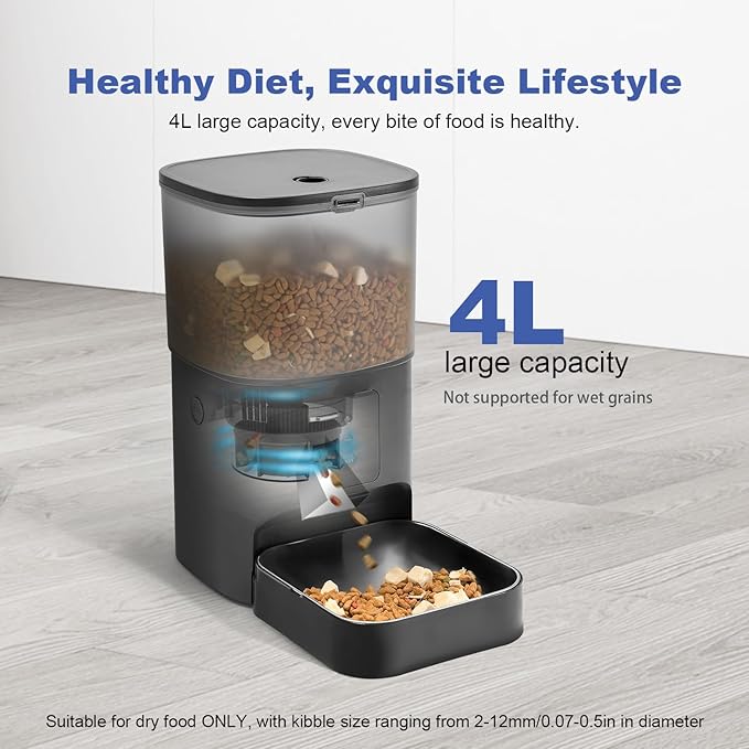 2.4G/5G Automatic Cat Feeder, 4L WiFi Food Dispenser with 10s Voice Recorder, Pet Feeder up to 10 Meals per Day, Timed Cat Feeder with Dry Food Sealed Ring(Matte Black, 4.0 L)
