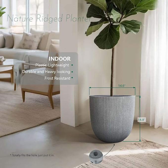 14.8" Tall Round Tapered Planter - Gray Faux Cement Finish, Lightweight Durable Plastic Plant Pot with Drainage Hole & Plug, Weather & UV Resistant Pot for Plants Indoor/Outdoor Use, 12.5" Opening