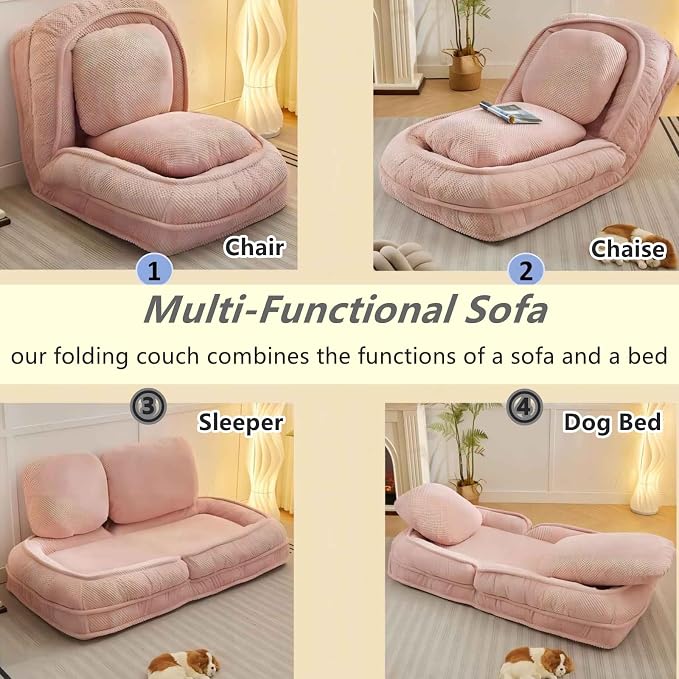 Foldable Lazy Sofa Bed with 5 Levels Adjustable Backrest, Pink | Comfy Upholstered Human Dog Bed for Adults and Pets, Lazy Floor Lounger with 2 Soft Cushions for Living Room Bedroom