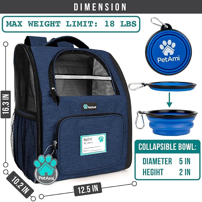 PetAmi Dog Backpack Carrier for Small Medium Dogs Large Cats up to 18 lbs, 2 Side Entry, Structured No-Collapse Frame, Airline Approved Ventilated Pet Backpack for Hiking Camping Travel Vet, Navy