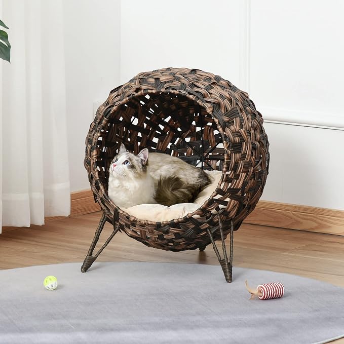 PawHut 20.5" Weaved Cat Bed with Cushion, Brown | Elevated Hand-woven Braided Banana Leaf Kitten House Condo