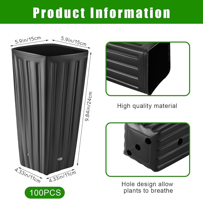Nuenen 100 Pcs Tall Pot Plastic Deep Plant Nursery Pots Black Seedling Flower Plant Container with Drainage Holes for Indoor Outdoor Gardening (9.8" H X 5.9" W)