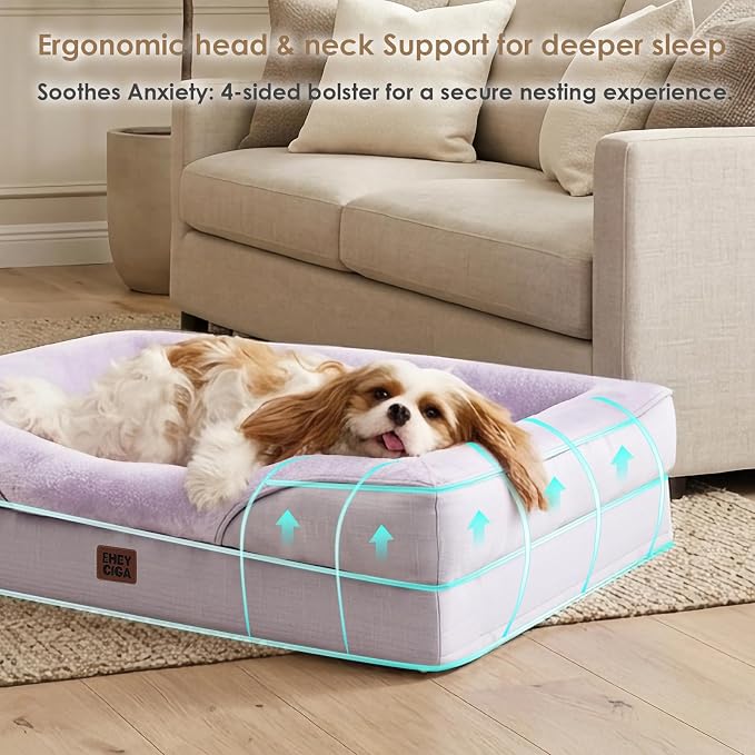 EHEYCIGA Orthopedic XL Dog Bed for Large Sized Dog, 42x30 Inch Extra Large Memory Foam Dog Couch Bed with Sides, Waterproof Liner & Washable Removable Cover, Purple