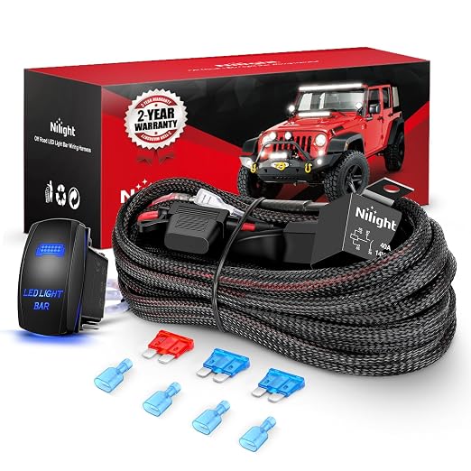Nilight Nylon LED Light Bar Wiring Harness Kit 16 AWG 2 Leads | 12V 5Pin Rocker Switch, Laser On/Off Power Relay & Blade Fuse for Off Road Lights on Cars Jeep Boat Trucks