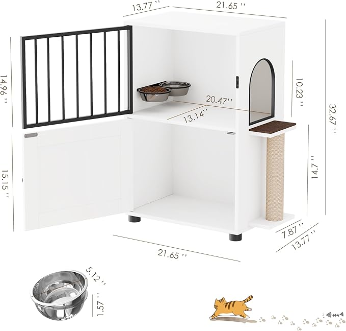 Dog Proof Cat Feeding Station, Dog Proof Cat Feeder, Cat Food Table, White | Cat Feeding Station with Scratching Post, Elevated Food Bowls with Stand, Cat Tree with Food Storage, Cat House