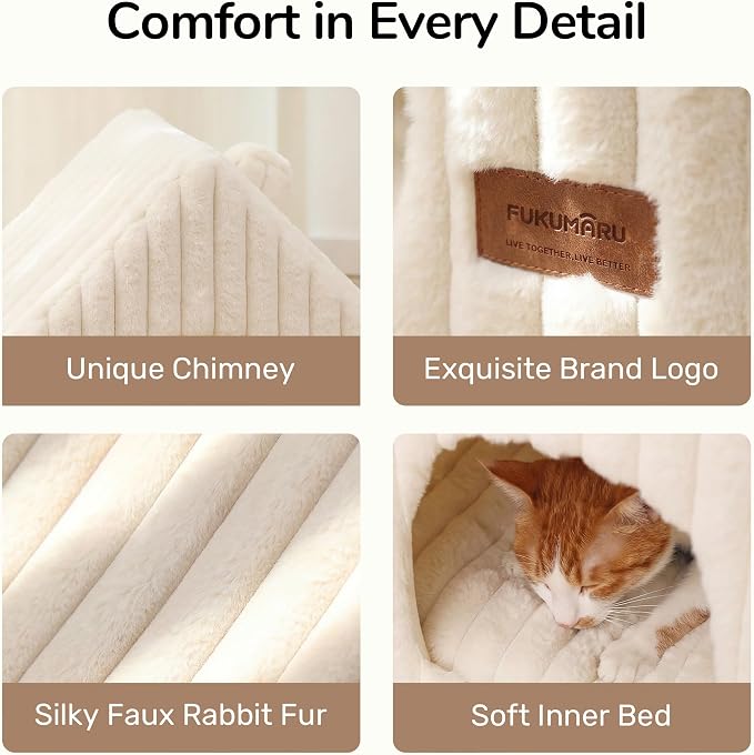 FUKUMARU Cat Bed Cave, Enclosed Washable Covered Dog Bed with Support Frame | Large Cat House for Indoor Cats, Cozy Cat Hideaway for Anxious Cats, Soft Plush Faux Fur Cat Tent Bed, Non-Slip Bottom, Cream
