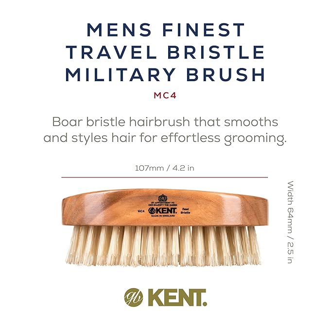 Kent MC4 Men's Hair and Beard Brush Kit: Exfoliating Natural Boar Bristle Hair Brush, Cherrywood Base with Firm Bristles for Coarse Hair Types - LPC3 Brush Cleaner - Premium Grooming Set