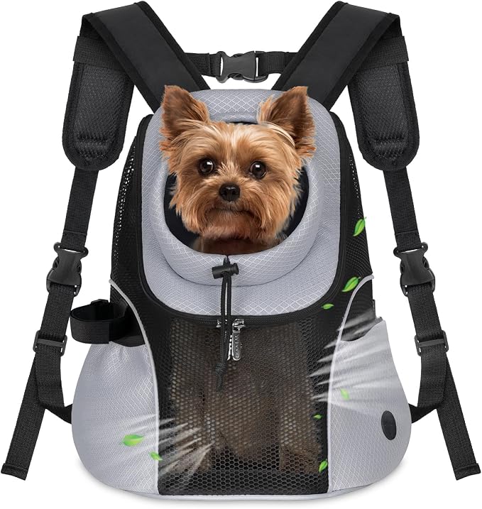 WOYYHO Pet Dog Carrier Backpack, Ventilated Mesh Small Dog Front Backpack | Breathable Puppy Back Pack, with Safety Belt, Storage Pockets, for Travel Hiking Cycling Outdoor Adventures, Grey, M