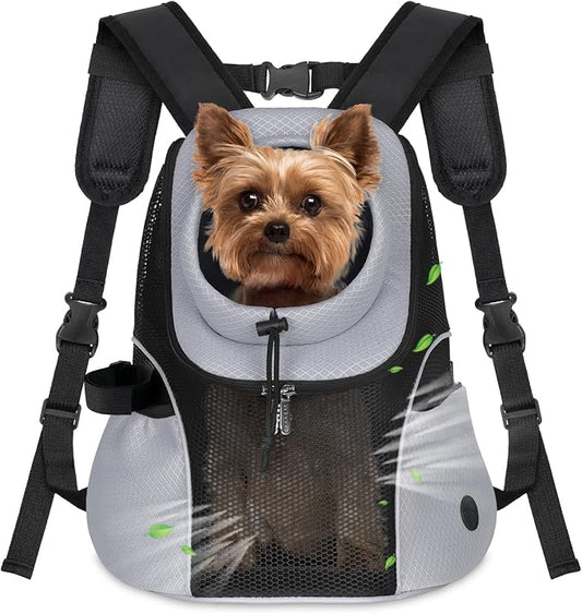 WOYYHO Pet Dog Carrier Backpack, Ventilated Mesh Small Dog Front Backpack | Breathable Puppy Back Pack, with Safety Belt, Storage Pockets, for Travel Hiking Cycling Outdoor Adventures, Grey, M