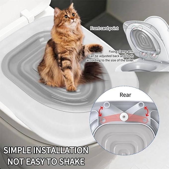 Cat Toilet Training Kit, Reusable Plastic Litter Box Trainer with Replaceable Feather Toy for Indoor Cats (Gray)