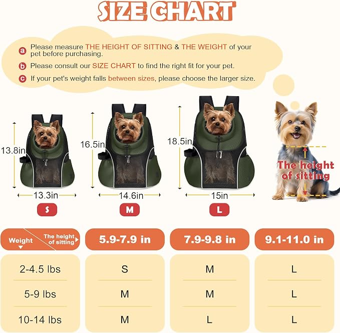 WOYYHO Pet Dog Carrier Backpack, Ventilated Mesh Small Dog Front Backpack | Breathable Puppy Back Pack, with Safety Belt, Storage Pockets, for Travel Hiking Cycling Outdoor Adventures, Army Green, L