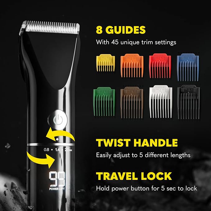 The Beard Club Beard Trimmer for Men - Electric Cordless Rechargeable Beard & Hair Trimmer - High Power 7000 RPM - 8 Color Guides 45 Unique Trim Lengths - Travel Lock