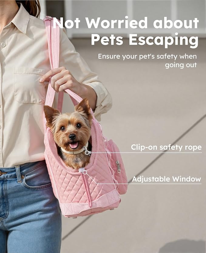 Pecute Dog Purse Carrier, Dog Carrier with Pockets for Small Dogs,Pink | Breathable,Foldable,Large Pocket,Built-in safety Rope,Machine washable,Under 9 Lbs