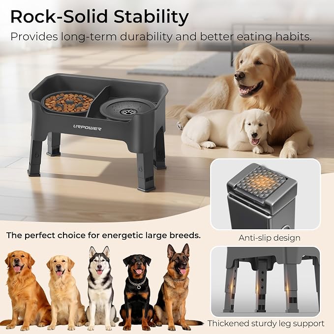 URPOWER Mess Proof Elevated Dog Bowls 4 Height Adjustable Raised Stand | No Spill Water Bowl, Slow Feeder Dog Bowls, Non-Slip Food and Water Bowl Set for Small, Medium & Large Dogs