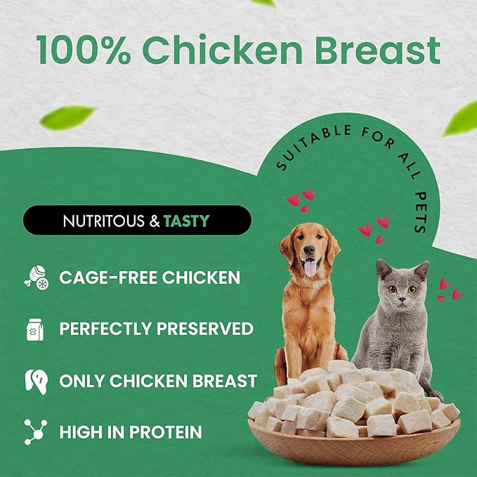 Freeze Dried Chicken Cat Treats | Healthy Dog Food Toppers 100% Human Grade | Single Ingredient, Grain Free Chicken Dog Treats | Inspected & Tested in USA | No Additives or Preservatives, 7.7 oz