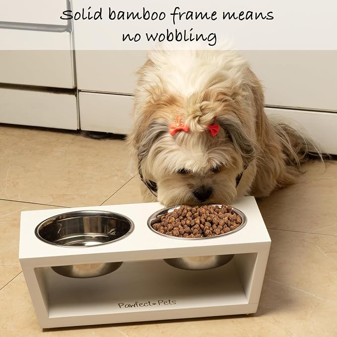 4" Tall Elevated Dog Bowls for Small Dogs and Cats. Raised Dog and Cat Food and Water Bowl Set by Pawfect Pets (White)