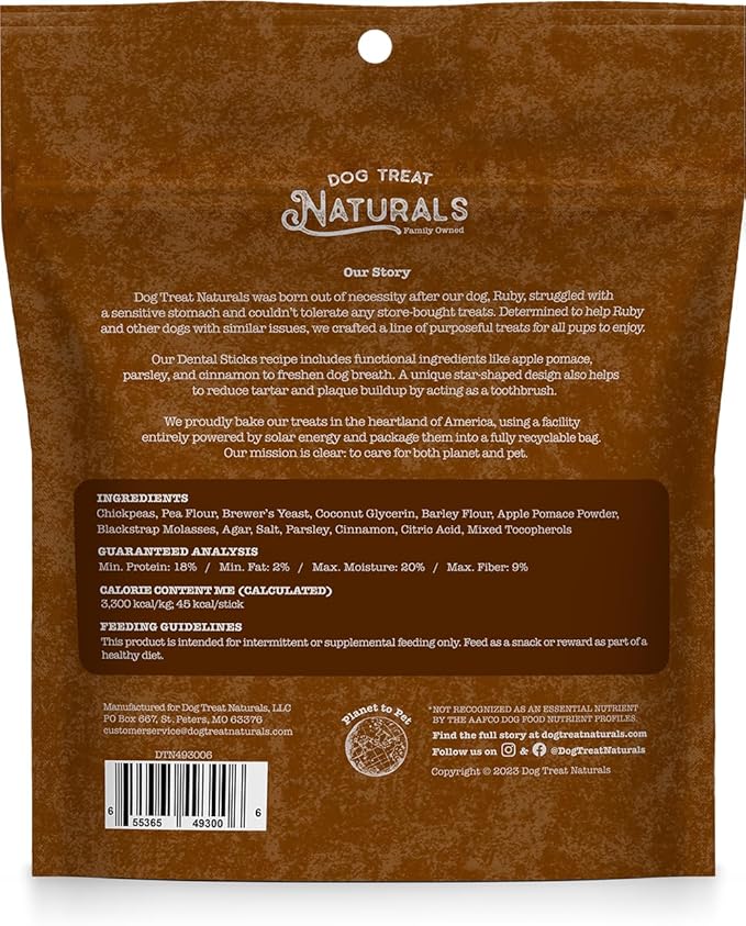 Dog Treat Naturals Chickpea & Cinnamon Dental Sticks 10oz, 20ct | Dog Dental Chew Treats for Small, Medium, Large Dogs | Freshen Breath, Fight Plaque-Tartar | Natural Teeth Cleaning Treats | USA Made