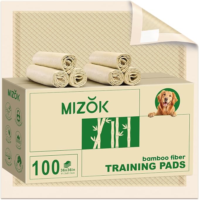 MIZOK Bamboo Dog Pee Pads Highly Absorbent No Leak XXL 36x36in 100Ct | Thick Bamboo Fibers Instantly Absorb Liquid and Neutralize Bad Odors Keeping Your Indoor Living Space Clean and Leak Proof