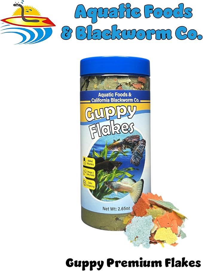 Aquatic Foods Inc. Guppy Premium Flakes, for Guppies, Endler Guppies, Mollies, Platys, Swordtail Fish, All Live Bearer Tropical Fish, 4-Type Wafer Mix & 12-Type Pellet Mix Included...2.65oz Canister