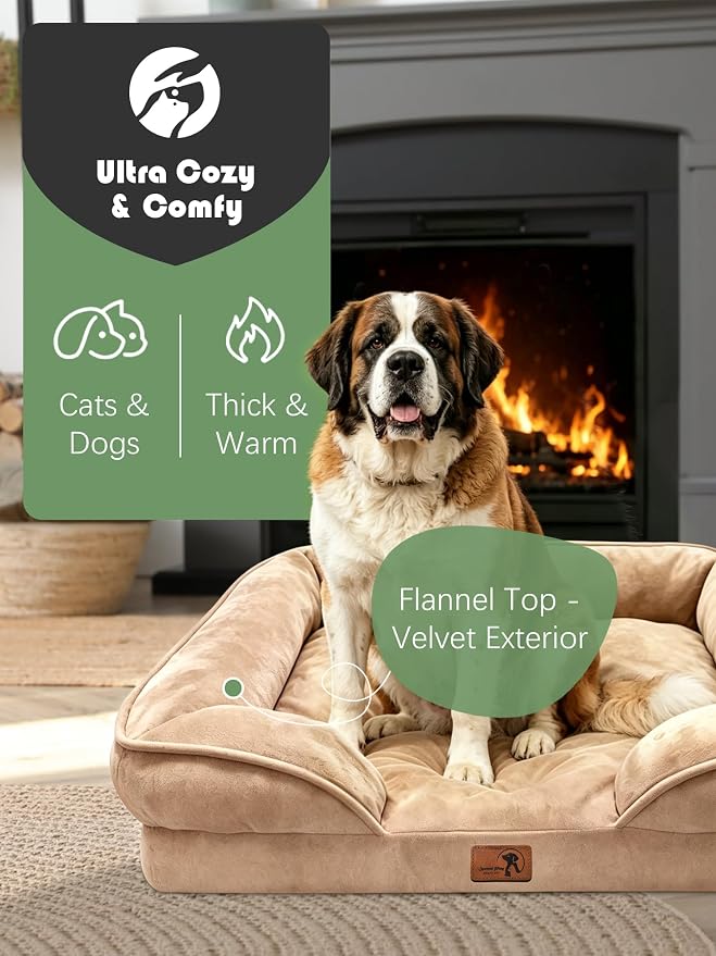 Spotted Play Orthopedic Dog Bed with Sides - Sofa Beds for Extra Large Dogs, Supportive Foam Pet Couch Bed with Washable Removable Cover, Waterproof Lining and Non-Slip Bottom, Brown - XXL