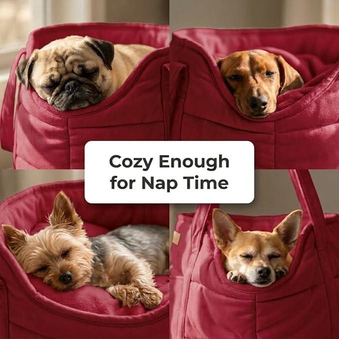 Plush Dog Purse Carrier for Small Dogs, Soft Dog Tote Bag with Safety Harness Clip, Cozy Pet Carrier for Dogs Under 15 lbs, Comfortable Dog Shoulder Carrier for Travel, Red