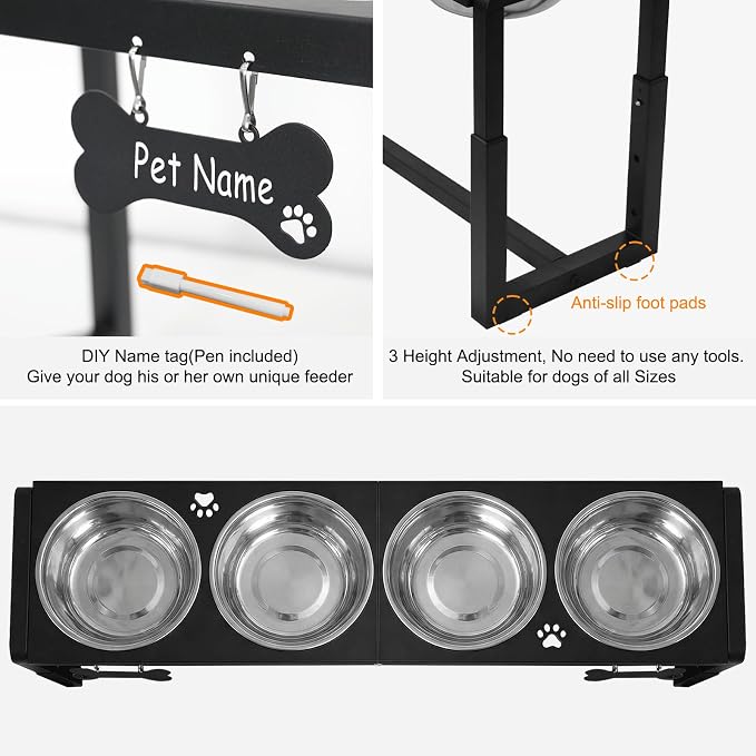 Metal Elevated Dog Bowls for Medium/Large Breed, 3 Adjustable Height(8.8"/11.5"/14") Raised Dog Bowls Stand with Four 58oz Stainless Steel Bowls, for Neck & Joint Protection