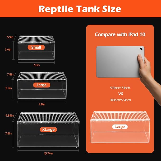 AZV Escape Proof Reptile Terrarium,Shatter Proof Polycarbonate Tarantula Tank with Magnetic Lid,Ventilated Spider Enclosure,360° Clear View,Easy Clean Habitat for Gecko,Frogs,Insects,Hermit Crabs XL