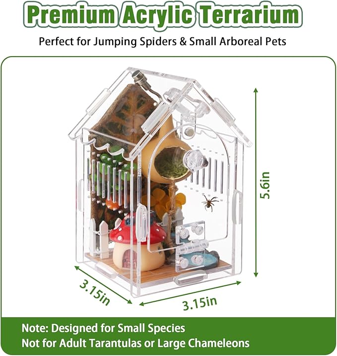 Jumping Spider Enclosure - Internal Dimensions 3.15"x3.15"x5.6" Acrylic Terrarium Kit for Tarantulas/Mantis/Reptiles with Magnetic Door, Ventilation & Easy Assembly