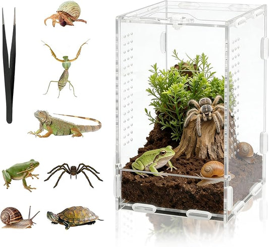 DARENYI Jumping Spider Enclosure, 7.8"x4.7"x4.3" Small Acrylic Terrarium Praying Mantis Enclosure with Front Door, Jumping Spider Habitat for Tarantula, Snail, Lizard, Crabs and Small Reptiles