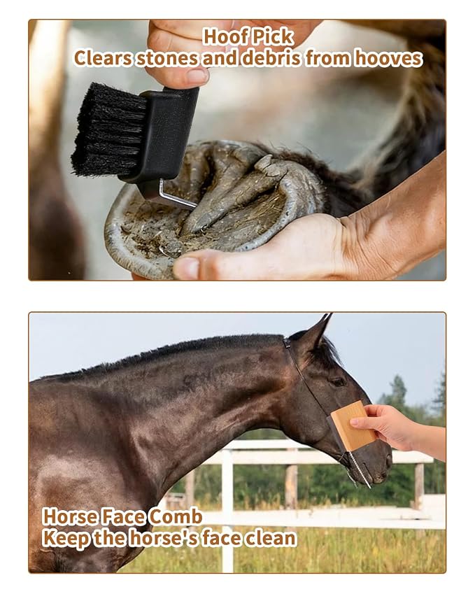 Horse Grooming Kit 13 Piece, Complete Horse Brushes & Grooming Supplies Set with Organizer Bag, Curry Comb, Hoof Brush, Bath Brushes & Accessories for Horse Care