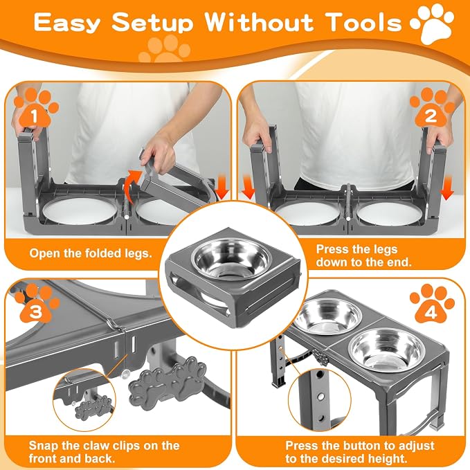 COMESOON Elevated Dog Bowls, 5 Adjustable Heights (3.9"-13.4") Raised Dogs Food Bowl Stand for Medium Large Sized Dogs, Non-Slip Foldable Travel Pet Feeder Grey with Stainless Steel Bowls