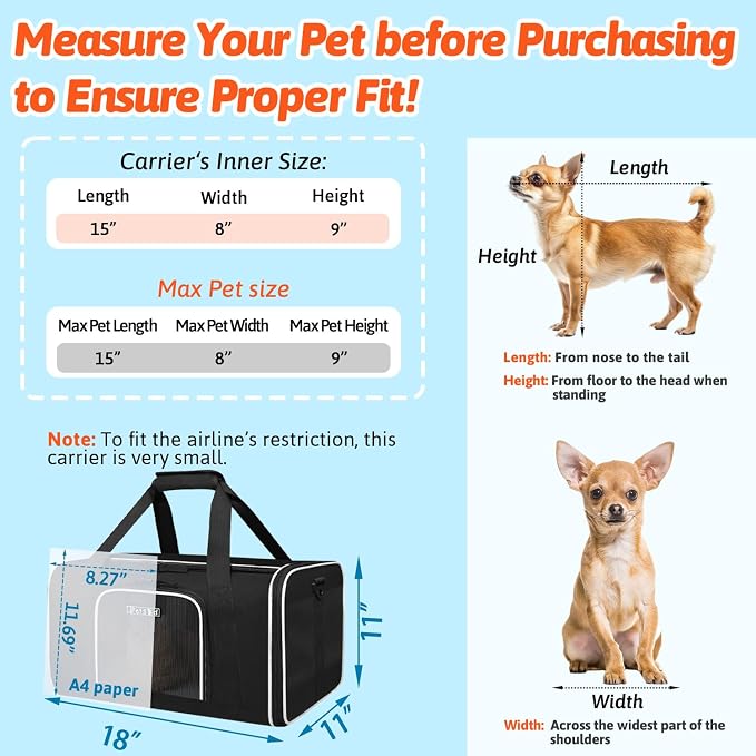 Small Pet Carrier 18"x11"x11" with Wheels Airline Approved, Black | for Delta/American/United Airlines, Lockable Safety Zippers and Anti-Scratch Mesh, Pets Under 10 lbs