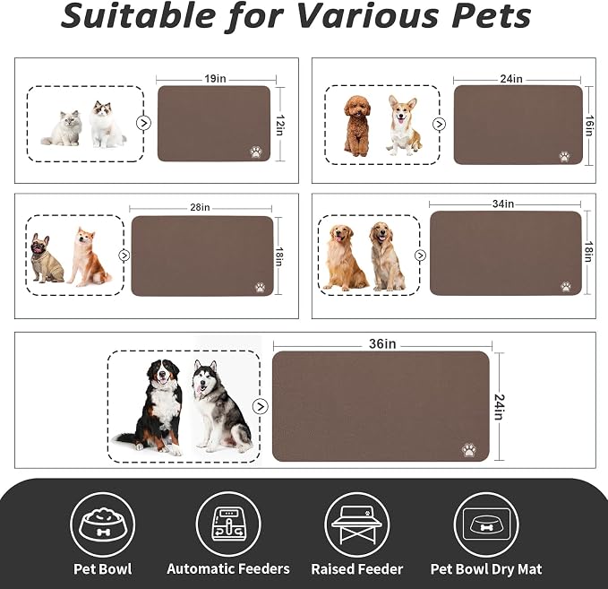 HotLive Dog Food Mat - Absorbent Cat Mat for Food and Water, No Stains Pet Feeding Bowl Mat, Easy to Clean Pet Placemats, Quick Dry Dog Water Dispenser Mat for Messy Drinkers | Paw Brown 16"x 24"