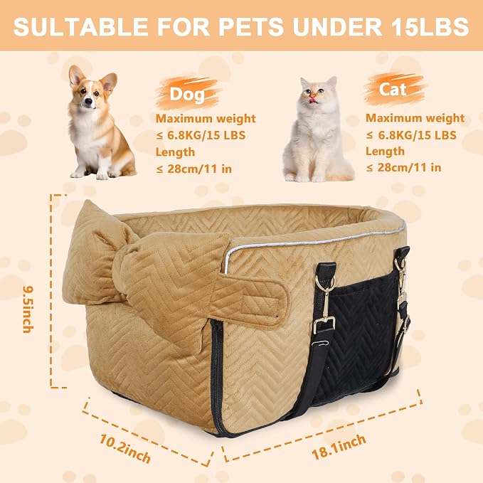 Dog Car Seat for Small Dogs, Portable Center Console Dog Car Seat, Pet Booster Seats with Safety Belt and Soft Cushion, Pet CarSeat for Dogs and Cats Under 15 lbs, Brown