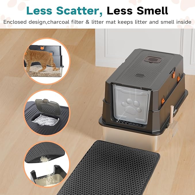 TENTIZON Stainless Steel Cat Litter Box with Lid, Large Covered Enclosed Kitty Litterbox with Hood, Flip Top, High Side, Litter Mat, Scoop for Big Cats, Kitten, No Odor, No Mess, Easy Clean, Black