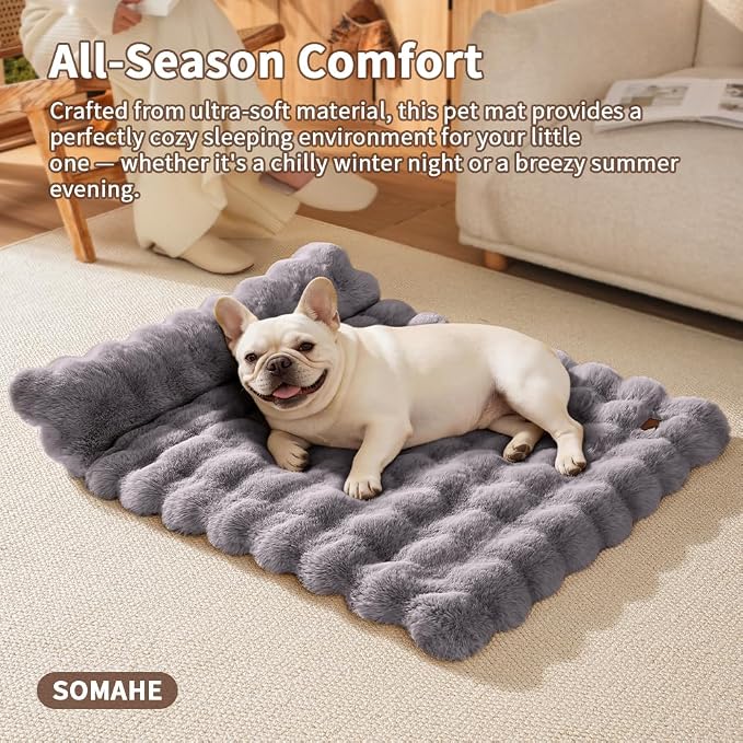 SOMAHE Cat Bed and Small Dog Bed Mat, Raised Pillow, 27 x 20 Inch, Gray | Self-Warming Fuzzy Faux Fur Surface, Soft Plush Pet Sleeping Pad for Indoor Cats, Machine Washable, Non-Slip Bottom