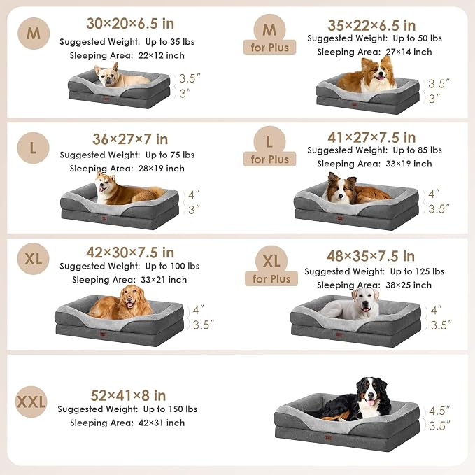 EHEYCIGA Orthopedic Dog Bed for Medium Dog, Memory Foam Dog Couch, Grey | 35x22 Inch Dog Sofa with Sides, Waterproof Liner & Washable Removable Cover, Bolster Pet Couch
