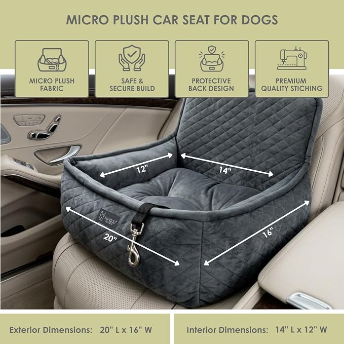 NANDOG Luxury Dog Car Seat Bed for Small Dogs, Micro Plush Pet Seat with Removable & Washable Cushion Insert, Thick Safety Seatbelt Straps, Secure Travel Carrier, Dark Grey, 20" L x 16" W