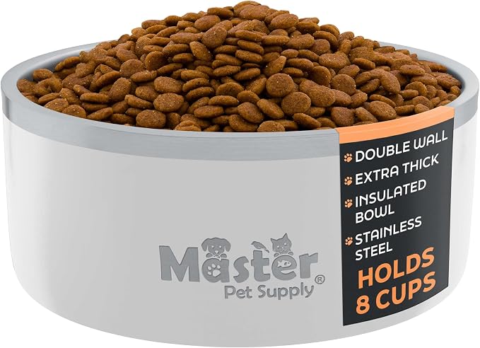 Master Pet Supply Stainless Steel Dog Bowls - 64 oz, Heavy Duty - Bone White, Double Wall Extra-Thick Insulated, Non-Slip Pet Water Bowl for Dogs, Cats & Pets, Anti Rust Metal, Dish Washer Safe