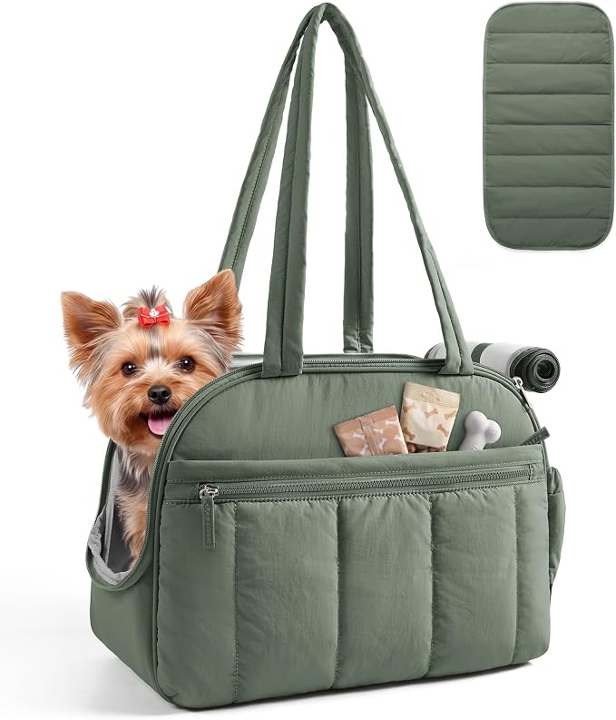 BAGSMART Dog Purse Carrier for Small Dogs Up to 13lbs Puppy Travel Tote Bag | Quilted Puffy Soft Sided Pet Handbag with Pockets, Collapsible Lightweight Portable Carrying with Safety Tether & Mat, Green
