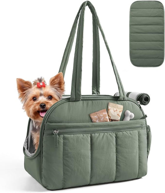 BAGSMART Dog Purse Carrier for Small Dogs Up to 13lbs Puppy Travel Tote Bag | Quilted Puffy Soft Sided Pet Handbag with Pockets, Collapsible Lightweight Portable Carrying with Safety Tether & Mat, Green