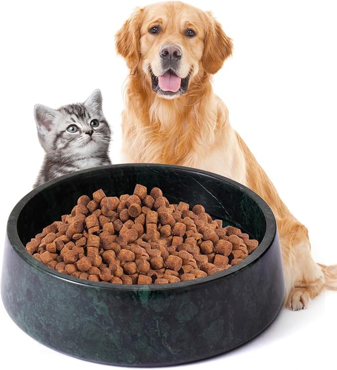 SAMAH Green Marble Dog Bowl, Non-Slip Non-Tipping Heavy Dog Food Bowl, Large Weighted Stone Dish, Natural Marble Dog Water Bowl, Easy to Clean, Gifts for Cat & Dog Lovers, Holds 6 Cups(6 lbs)