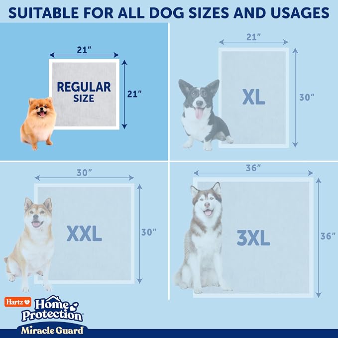 Hartz Miracle Guard Dog and Puppy Dog Pads Max Absorbency 24 Hour Use Odor Eliminating No Leaks, Regular Size 25 Count