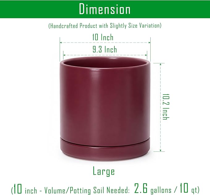 D'vine Dev 10 Inch Ceramic Planter Pot, Cordovan, 94-O-E-4 | Modern Cylinder Design, Drainage Hole & Saucer Included, Stable Structure, Elegant Home Accent