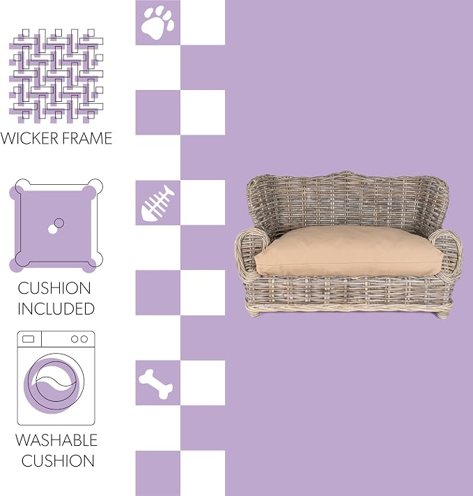 DBD1004A Classic 27.5" x 18" Mediterranean Handwoven Rattan Dog Daybed with Machine-Washable Cushion, Kubu Gray
